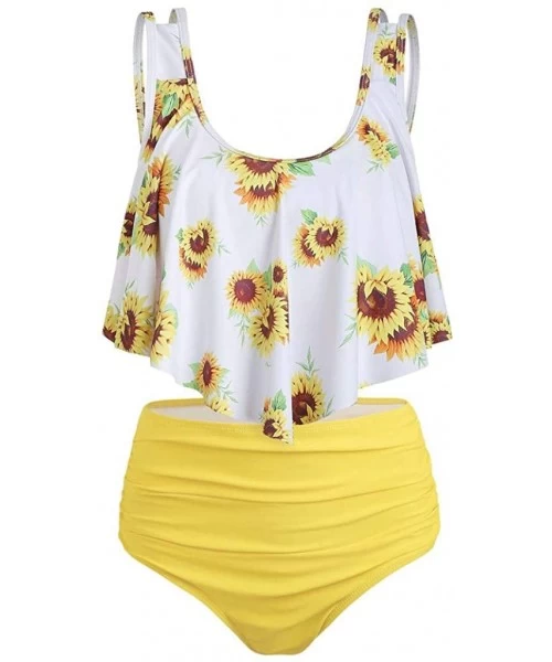 Sets Women Two Pieces Bathing Suits Top Ruffled Racerback High Waisted Bottom Tankini Set Swimwear - A 3_yellow 482 - CT18S5K...