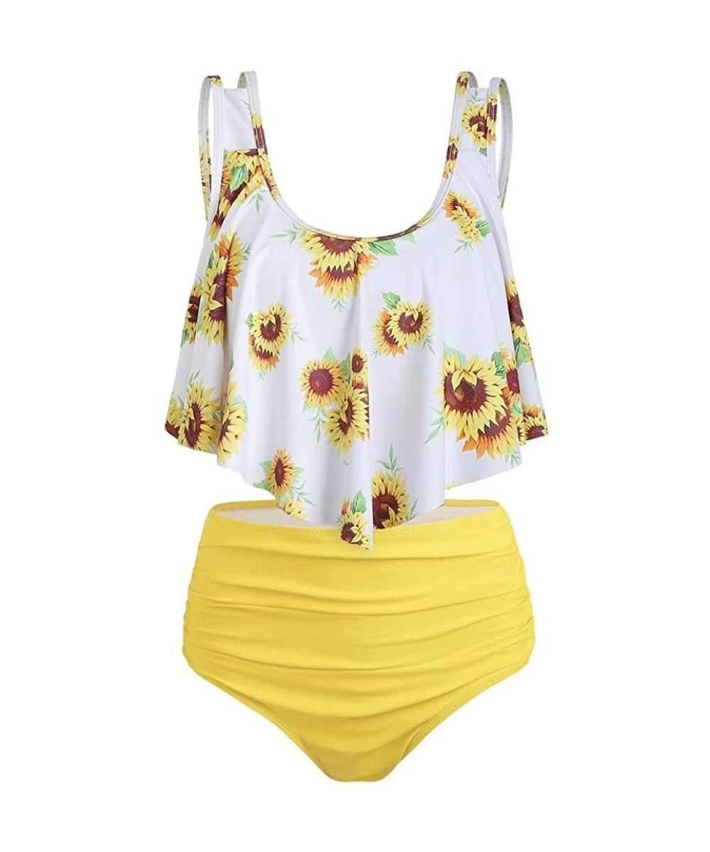 Sets Women Two Pieces Bathing Suits Top Ruffled Racerback High Waisted Bottom Tankini Set Swimwear - A 3_yellow 482 - CT18S5K...