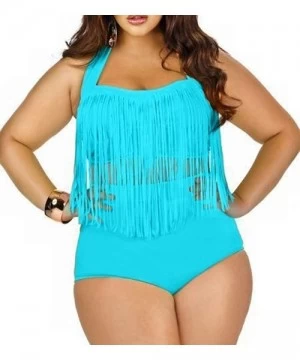 Sets Women Plus Size Swimsuit Sets High Waist Fringe Swimwear Beachwear Solid Color Split Two Piece Swimsuit Lake Blue - C619...