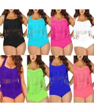 Sets Women Plus Size Swimsuit Sets High Waist Fringe Swimwear Beachwear Solid Color Split Two Piece Swimsuit Lake Blue - C619...