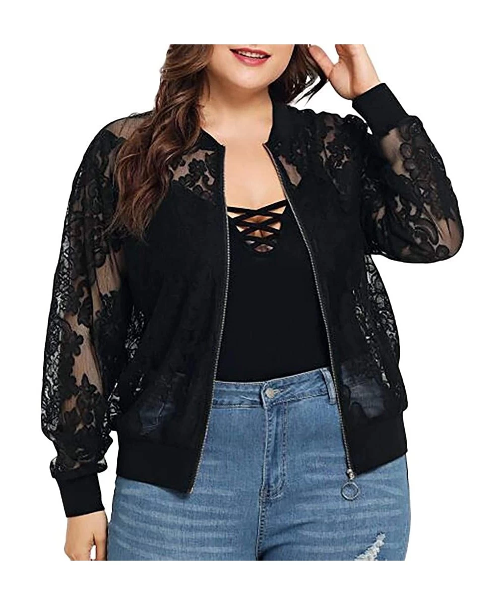 Tankinis Women Retro Floral Zipper Bomber Jacket Long Sleeve Casual Chic Coat Streetwear - Y-black - CT18S6C4Z96