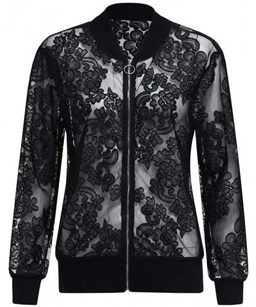 Tankinis Women Retro Floral Zipper Bomber Jacket Long Sleeve Casual Chic Coat Streetwear - Y-black - CT18S6C4Z96