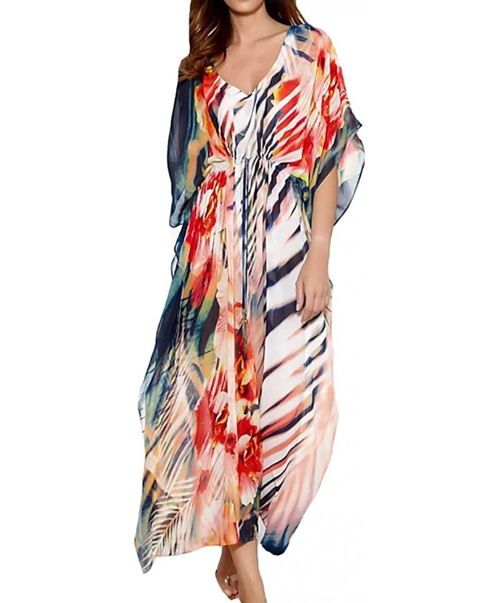 Cover-Ups Women's Print Turkish Kaftans Chiffon Caftan Loungewear Beachwear Bikini Swimsuit Cover Up Dress - Printed C - CX18...