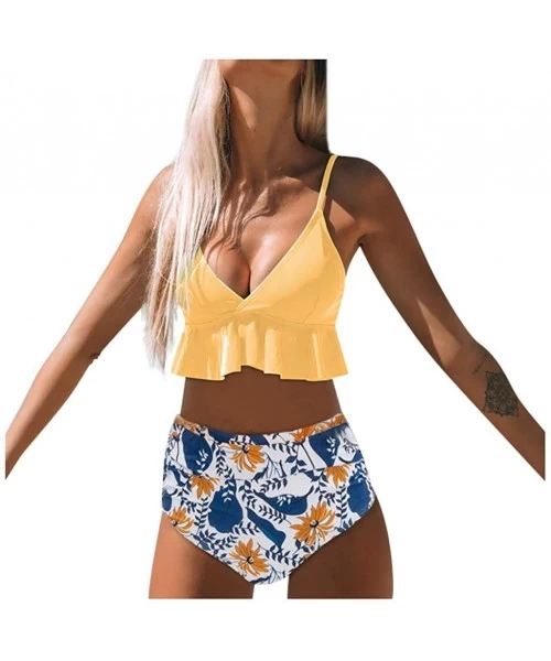 Sets Women Scalloped Bikini Floral Polka Dot Flounce Two Piece High Cut Bathing Suits Swimwear Swimsuit for Beach Yellow - CX...