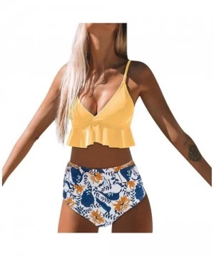 Sets Women Scalloped Bikini Floral Polka Dot Flounce Two Piece High Cut Bathing Suits Swimwear Swimsuit for Beach Yellow - CX...