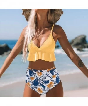 Sets Women Scalloped Bikini Floral Polka Dot Flounce Two Piece High Cut Bathing Suits Swimwear Swimsuit for Beach Yellow - CX...