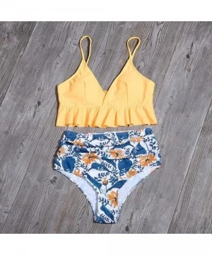 Sets Women Scalloped Bikini Floral Polka Dot Flounce Two Piece High Cut Bathing Suits Swimwear Swimsuit for Beach Yellow - CX...