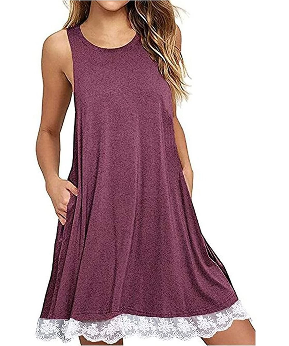 Bottoms Women's Casual Loose Pocket Long Dress Short Sleeve Split Maxi Dress - Red Wine - C718QOIGDZ9