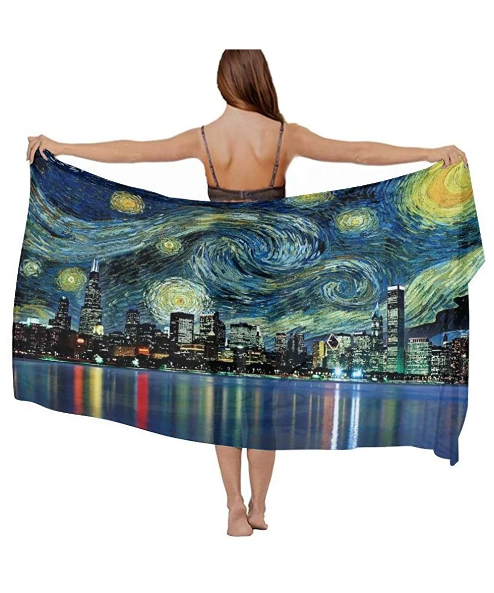 Cover-Ups Women Chiffon Scarf Sunscreen Shawl Wrap Swimsuit Cover Up Beach Sarongs - Chicago City Skyline Night View Starry S...