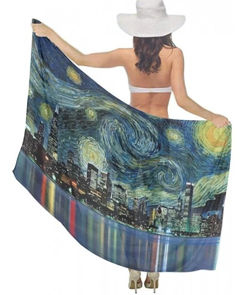 Cover-Ups Women Chiffon Scarf Sunscreen Shawl Wrap Swimsuit Cover Up Beach Sarongs - Chicago City Skyline Night View Starry S...