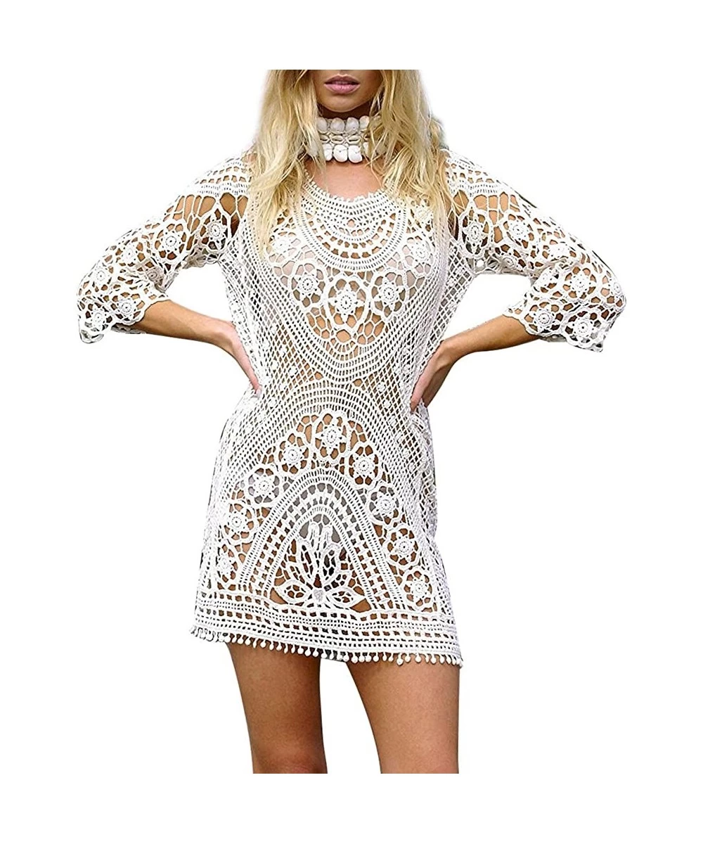 Cover-Ups Women Sexy Bikini Coverup Lace Crochet Tassel Beach Dress Summer Swimsuit - White - CT184X8RXQX