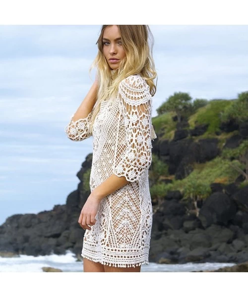 Cover-Ups Women Sexy Bikini Coverup Lace Crochet Tassel Beach Dress Summer Swimsuit - White - CT184X8RXQX