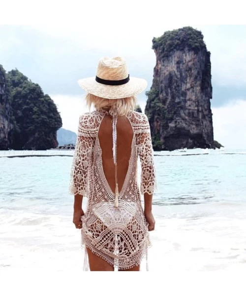 Cover-Ups Women Sexy Bikini Coverup Lace Crochet Tassel Beach Dress Summer Swimsuit - White - CT184X8RXQX