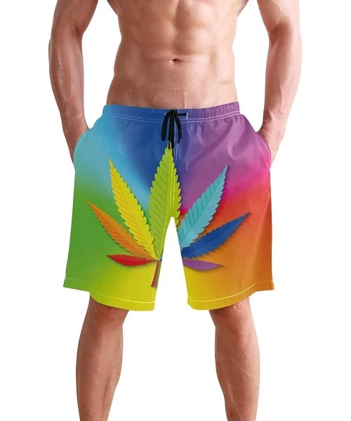 Board Shorts Mens Swim Trunks Tropical Fruit Pineapple Beach Board Shorts - Rainbow Cannabis Leaf - C418NX4YNAS