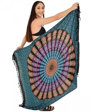 Cover-Ups Sarongs Mandala Round Womens Beach Swimsuit Coverup Bikini Wrap + Coconut Clip - Blk Blue Orange - CS18XALY4YQ