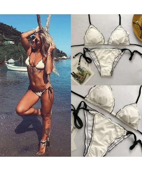 Sets Women Swimwear- Women Bikini Set Push-Up Padded Solid Bandage Bra Swimsuit Beachwear- for Easter Day - White - CC196RLQOEC