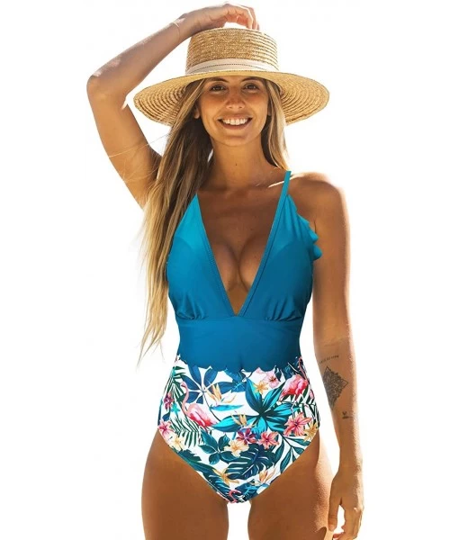 One-Pieces Deep V Neck Halter One Piece Swimsuit Women Backless Sexy Bathing Suit Plunging Monokini - Print13 - C9190YXZGSK