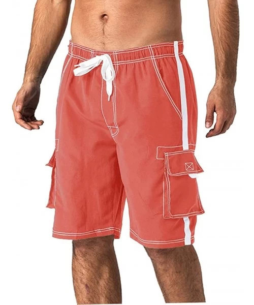 Trunks Men's Quick Dry Swim Trunks Side Stripe Bathing Suit Board Shorts with Mesh Lining Cargo Pockets - Watermelon Red - C0...