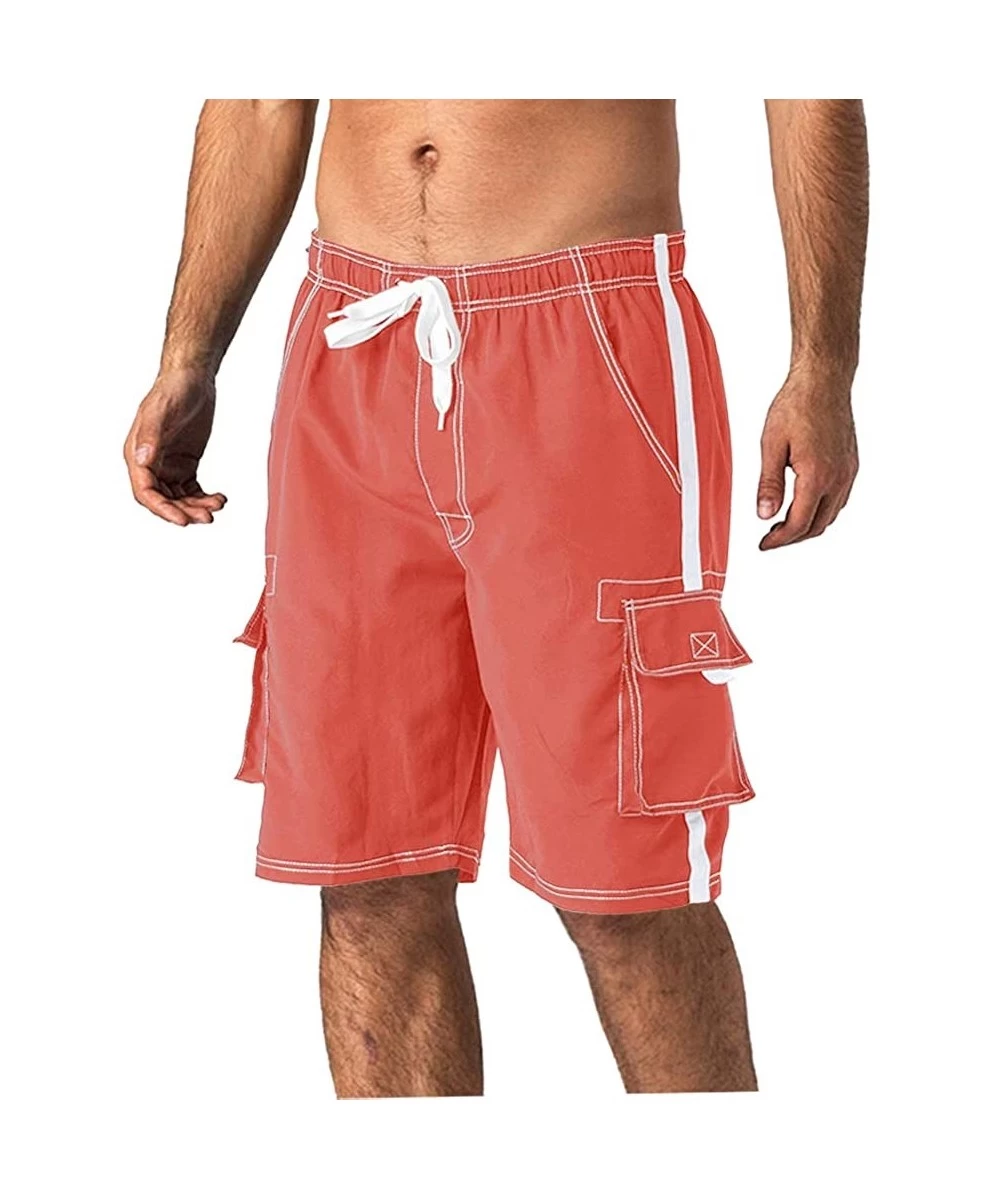 Trunks Men's Quick Dry Swim Trunks Side Stripe Bathing Suit Board Shorts with Mesh Lining Cargo Pockets - Watermelon Red - C0...