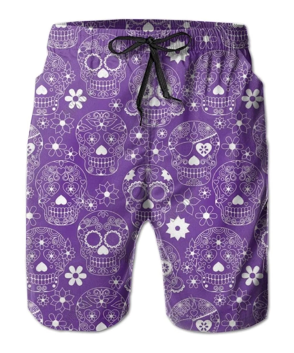 Board Shorts Men Beach Board Shorts Swim Trunks Bathing Suit - Purple Floral Sugar Skull - Purple Floral Sugar Skull - C918TO...