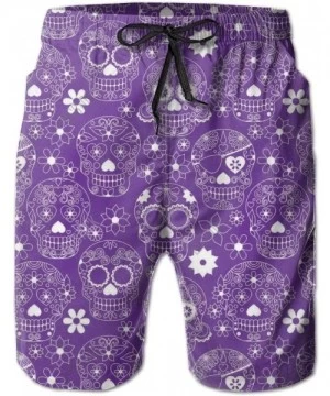 Board Shorts Men Beach Board Shorts Swim Trunks Bathing Suit - Purple Floral Sugar Skull - Purple Floral Sugar Skull - C918TO...