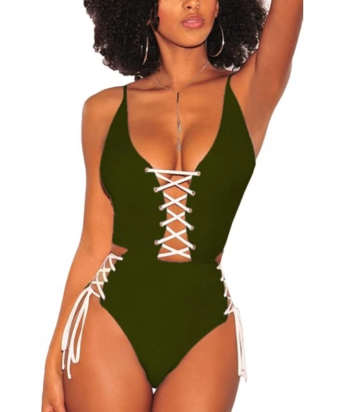 Sets Women's Spaghetti Strap Criss Cross Lace Up One Piece Swimsuits Swimwear - Green - CB18O4T8NNE