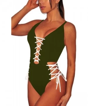 Sets Women's Spaghetti Strap Criss Cross Lace Up One Piece Swimsuits Swimwear - Green - CB18O4T8NNE