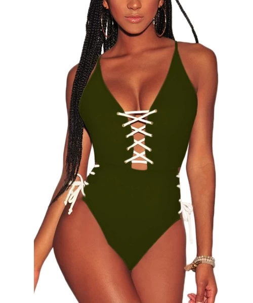 Sets Women's Spaghetti Strap Criss Cross Lace Up One Piece Swimsuits Swimwear - Green - CB18O4T8NNE