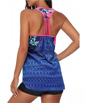 Tops Women Blouson Floral Print Strappy T-Back Push up Tankini Top Swimwear - Blue - C1194N2G06Z