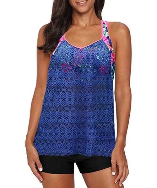 Tops Women Blouson Floral Print Strappy T-Back Push up Tankini Top Swimwear - Blue - C1194N2G06Z