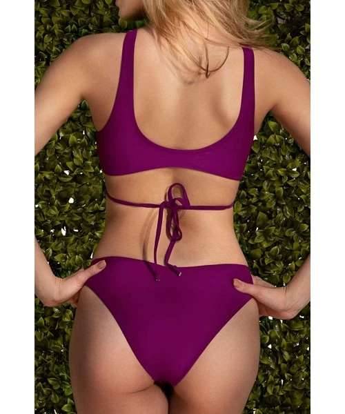 Sets Women's Bikini Swimsuit Solid Purple Ruched Low Rise Set - C1194L0H9WH