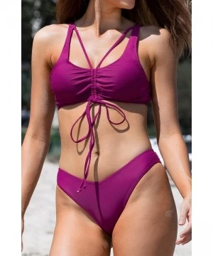 Sets Women's Bikini Swimsuit Solid Purple Ruched Low Rise Set - C1194L0H9WH