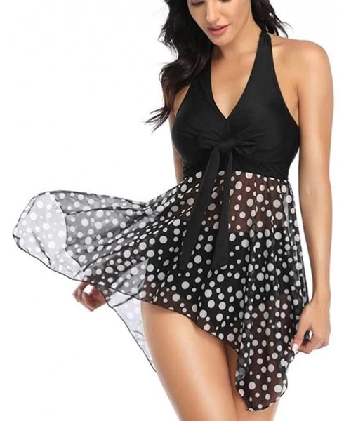 Racing Women Two Piece Swimsuit Polka Dot Plus Size Tankini Swimdress Mesh Printed Bathing Suit - Black + Polka Dot - C9190X8...