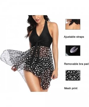 Racing Women Two Piece Swimsuit Polka Dot Plus Size Tankini Swimdress Mesh Printed Bathing Suit - Black + Polka Dot - C9190X8...