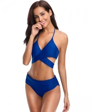 Sets Women's Push-up Halter Bandage Bikini Swimsuits Ruched Swim Bottoms - Sapphire Blue - CL18H84MOS9