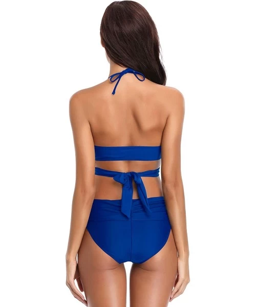 Sets Women's Push-up Halter Bandage Bikini Swimsuits Ruched Swim Bottoms - Sapphire Blue - CL18H84MOS9