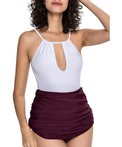 One-Pieces Women's High Waist Tummy Control One Piece Swimsuit Adjustble Bottom Swimwear (FBA) - Dark Red - CM18LQ8HKUH