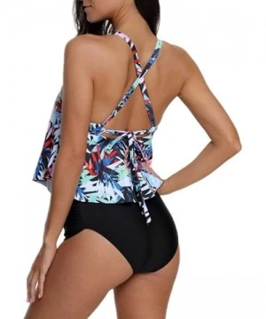 Sets Women Criss Cross Back High Waisted Swimsuit Tummy Control 2 Piece Tankini Ruffled Top with Triangle Briefs Bikini Blue ...