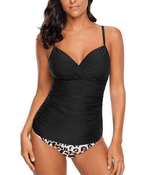 Sets Women's Printed Wrap V Neck Tankini Set Bathing Suit Two Pieces Swimsuit - B-black & Leopard - CK19D6HLT68