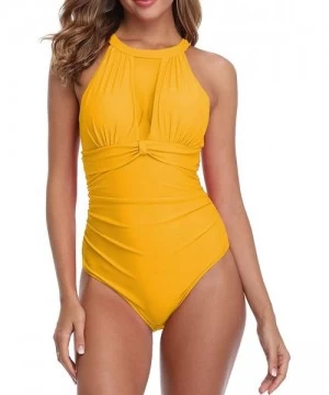 One-Pieces Women One Piece Swimsuit Sports Bathing Suits High Neck Mesh Ruched Monokini Retro Swimwear - Yelow One Piece - C6...