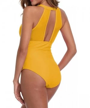 One-Pieces Women One Piece Swimsuit Sports Bathing Suits High Neck Mesh Ruched Monokini Retro Swimwear - Yelow One Piece - C6...