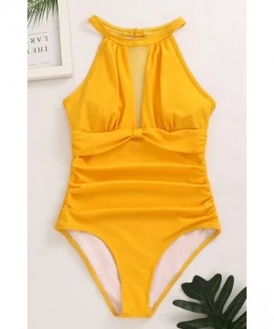 One-Pieces Women One Piece Swimsuit Sports Bathing Suits High Neck Mesh Ruched Monokini Retro Swimwear - Yelow One Piece - C6...