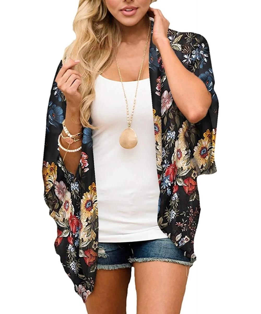 Cover-Ups Women's Sheer Chiffon Blouse Loose Tops Kimono Floral Print Cardigan - T82 - CC192NUTT48