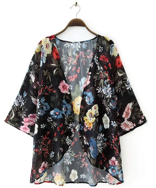 Cover-Ups Women's Sheer Chiffon Blouse Loose Tops Kimono Floral Print Cardigan - T82 - CC192NUTT48