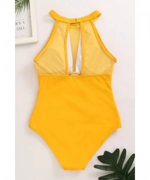 One-Pieces Women One Piece Swimsuit Sports Bathing Suits High Neck Mesh Ruched Monokini Retro Swimwear - Yelow One Piece - C6...