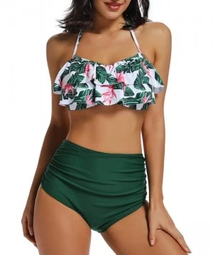 Sets Women Two Piece Off Shoulder Ruffled Flounce Crop Bikini Top with Print Cut Out Bottoms - Floral-green - CW18OXNAG5Q