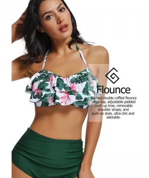 Sets Women Two Piece Off Shoulder Ruffled Flounce Crop Bikini Top with Print Cut Out Bottoms - Floral-green - CW18OXNAG5Q