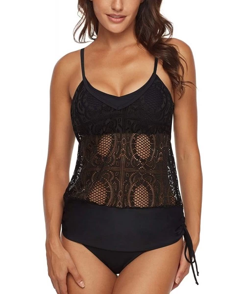 Tankinis Women's Blouson Bathing Suit Lace 2 Piece Swimsuit V Neck Strappy Crochet Tankini Set - Black - CZ19D3DE95N