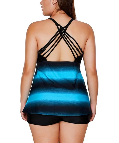 Tankinis Plus Size Bathing Suits for Women Color Block Striped Tankini Swimsuits with Boyshorts Swimwear S-XXXXL - Bluish - C...