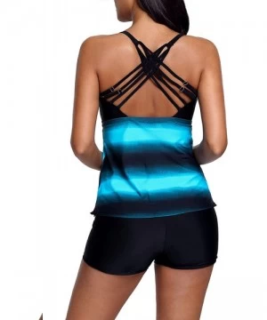 Tankinis Plus Size Bathing Suits for Women Color Block Striped Tankini Swimsuits with Boyshorts Swimwear S-XXXXL - Bluish - C...